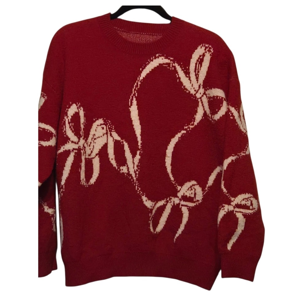 Cider Red Crewneck Sweater Cream Ribbon Motif Bow Holiday Soft Knit Small